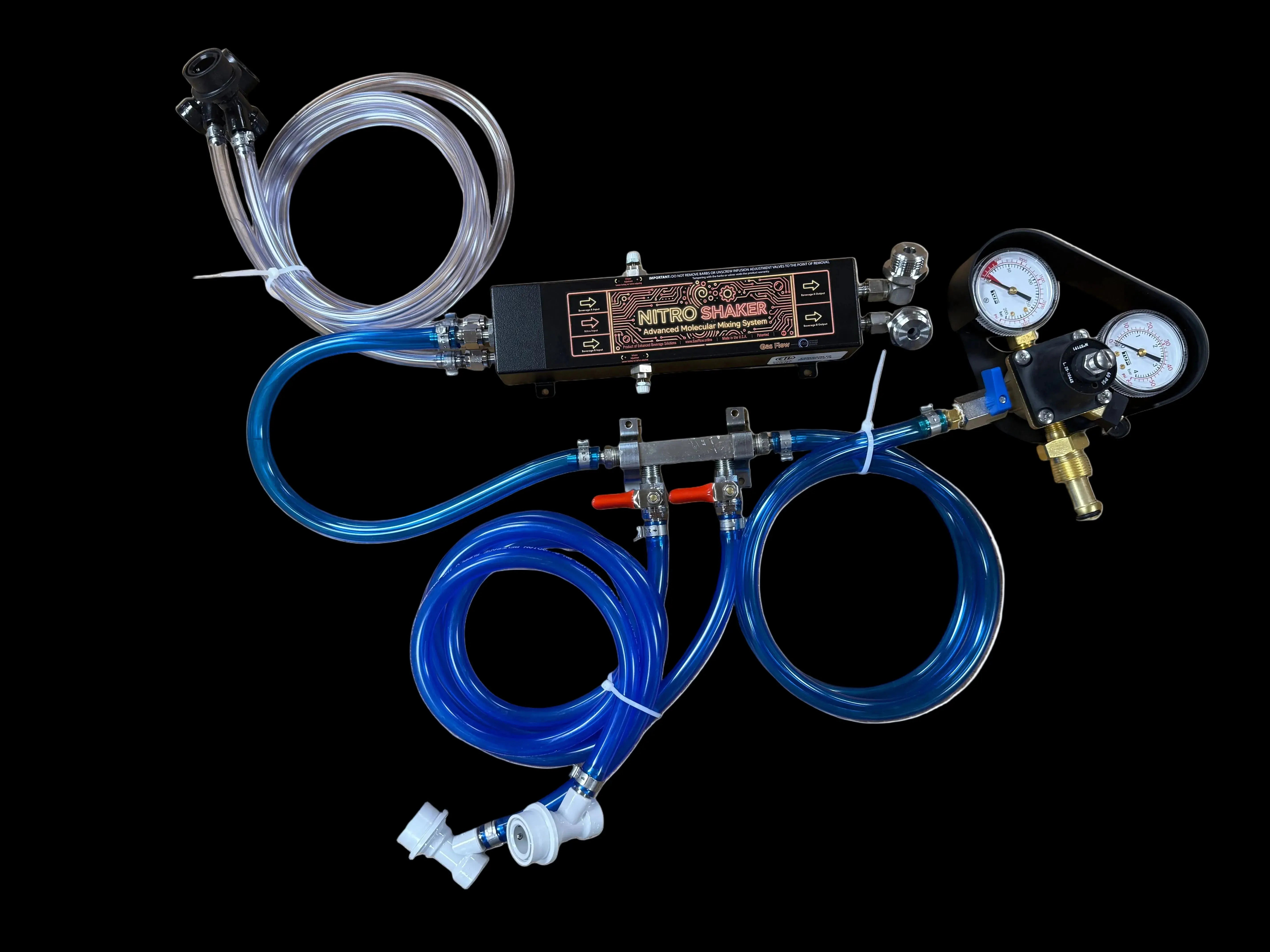 Nitro shaker system with hoses and gauges on a wooden surface
