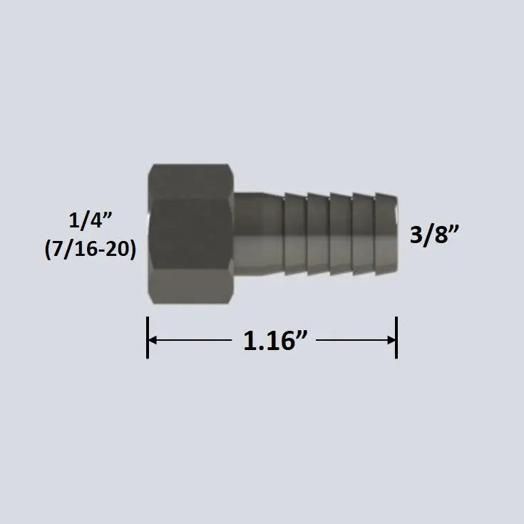 S/S 1/4" Female Flare x 3/8" Barb