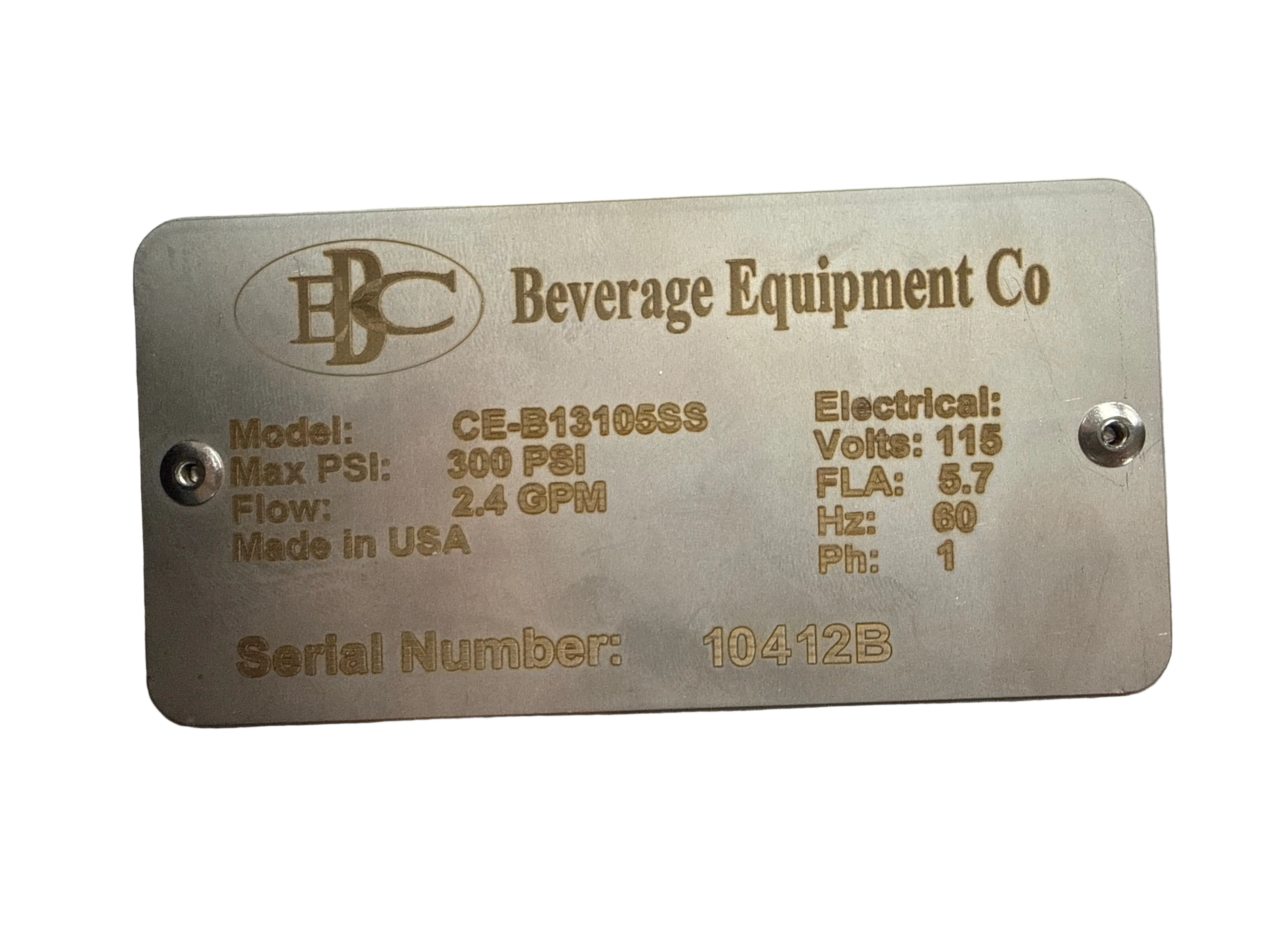 Metal plaque with beverage equipment specifications on a metallic surface