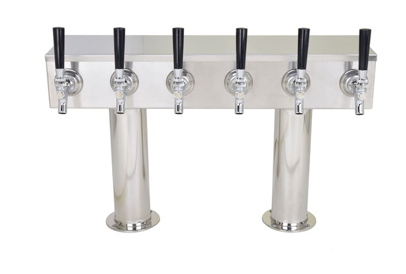 6 Faucet Air Cooled Pass-Thru Double Pedestal Draft Tower with 304 Stainless Steel Faucets, Shanks, and 3 Inch (in) Round Bases American Beverage Equipment