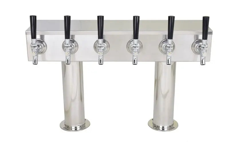 6 Faucet Air Cooled Pass-Thru Double Pedestal Draft Tower with 304 Stainless Steel Faucets, Shanks, and 3 Inch (in) Round Bases American Beverage Equipment