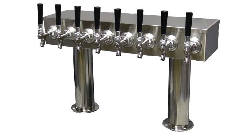 8 Faucet Air Cooled Pass-Thru Double Pedestal Draft Tower with 304 Stainless Steel Faucets, Shanks, and 3 Inch (in) Round Bases American Beverage Equipment