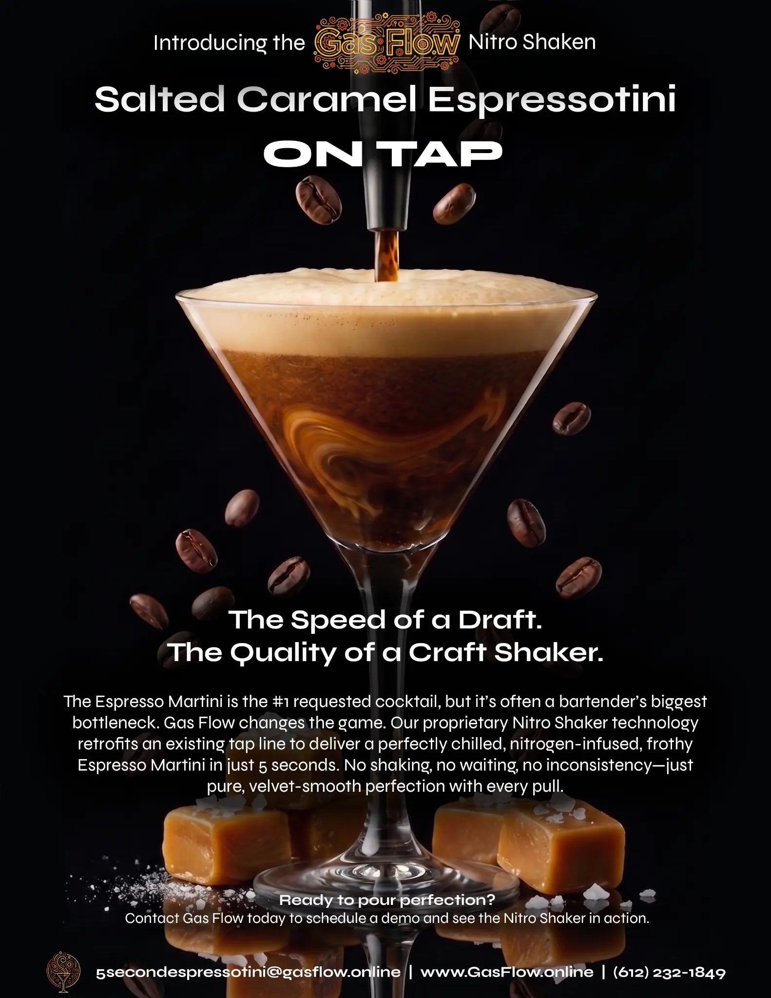 Advertisement for Salted Caramel Espressotini on Tap with a glass of coffee and espresso, coffee beans, and text about the product.