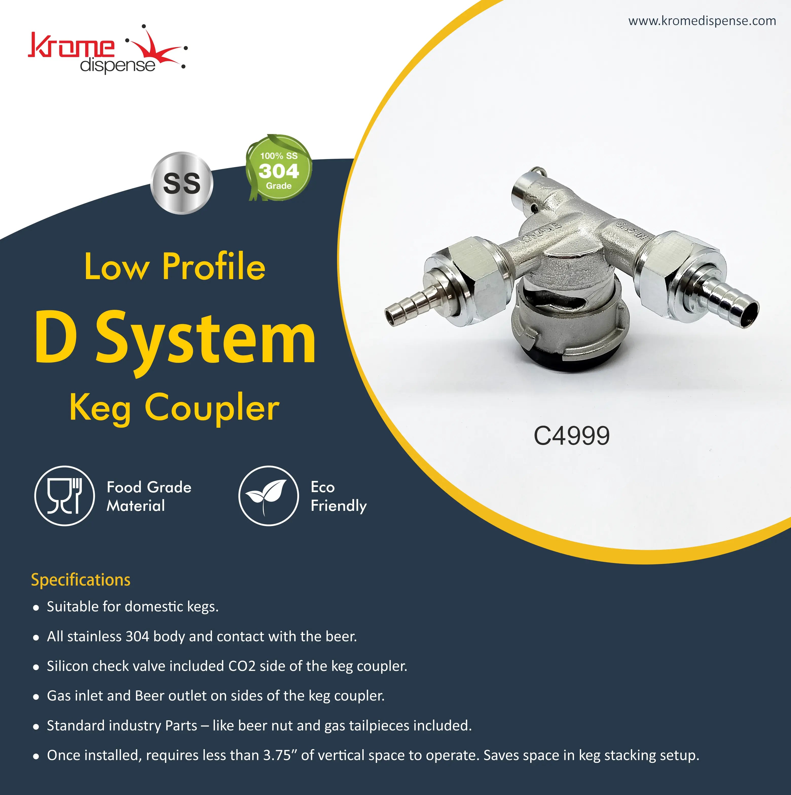 Low Profile D System Keg Coupler – 100% stainless Steel Krome Dispense