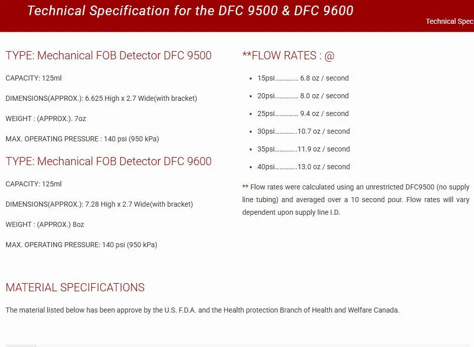 Technical specifications for DFC 9500 and DFC 9600 mechanical FOB detectors on a white background with red header.