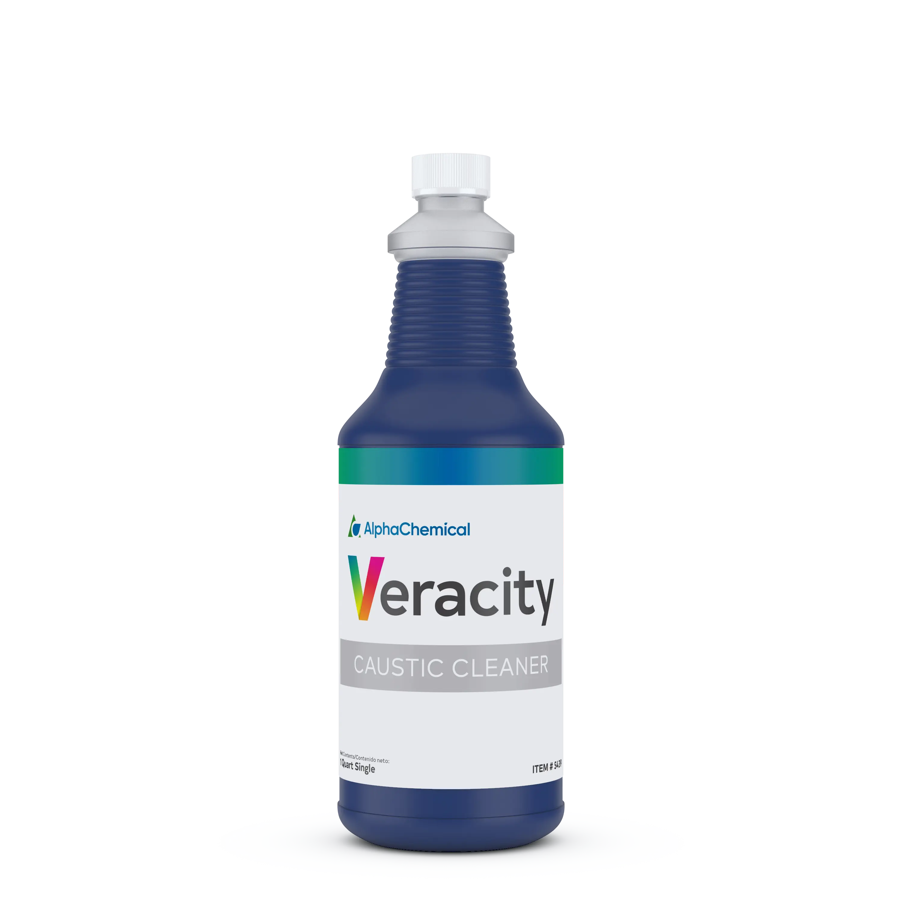Bottle of Veracity Caustic Cleaner with AlphaChemical logo on a white background