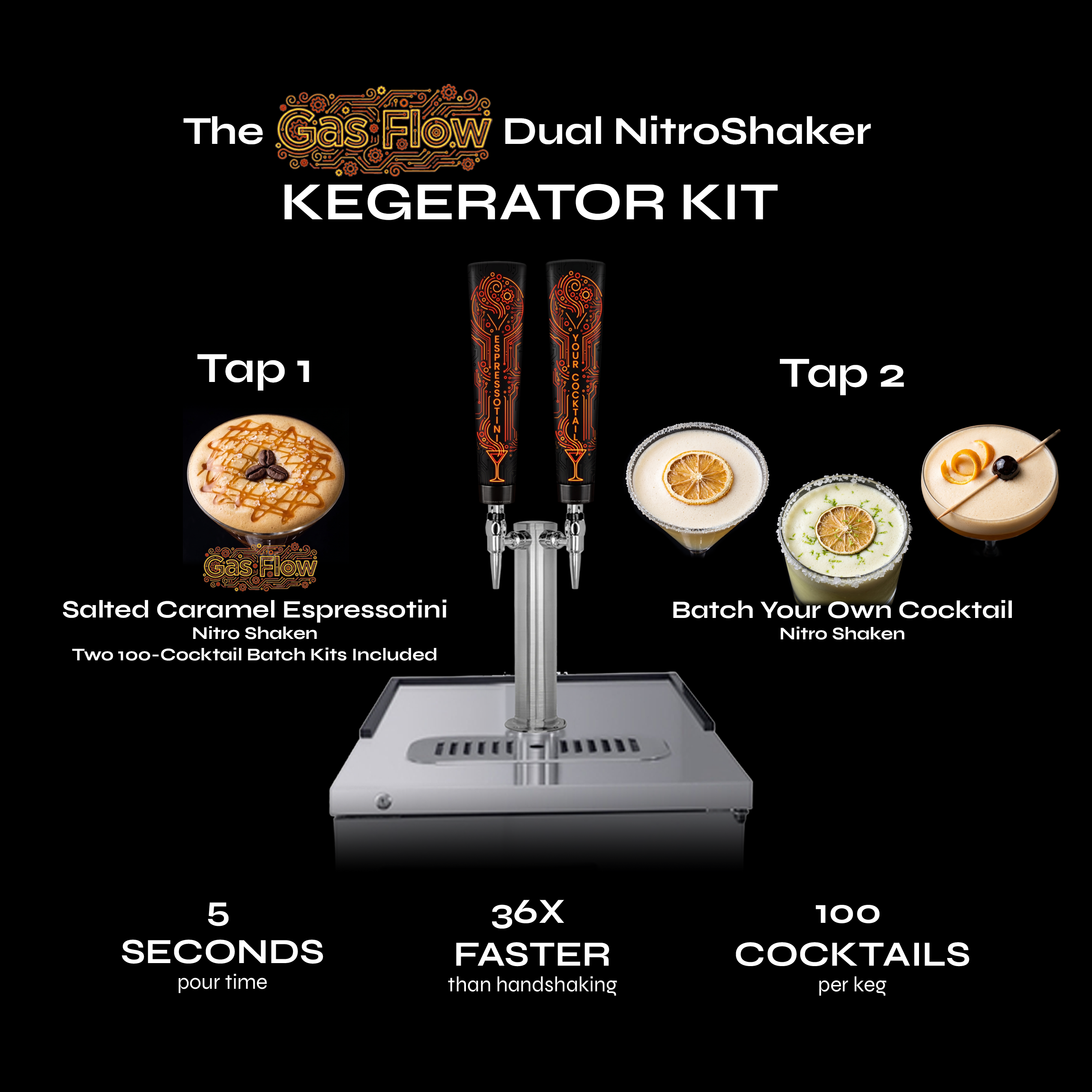 Gas Flow Dual NitroShaker Kegerator Kit with cocktail examples and features on a black background