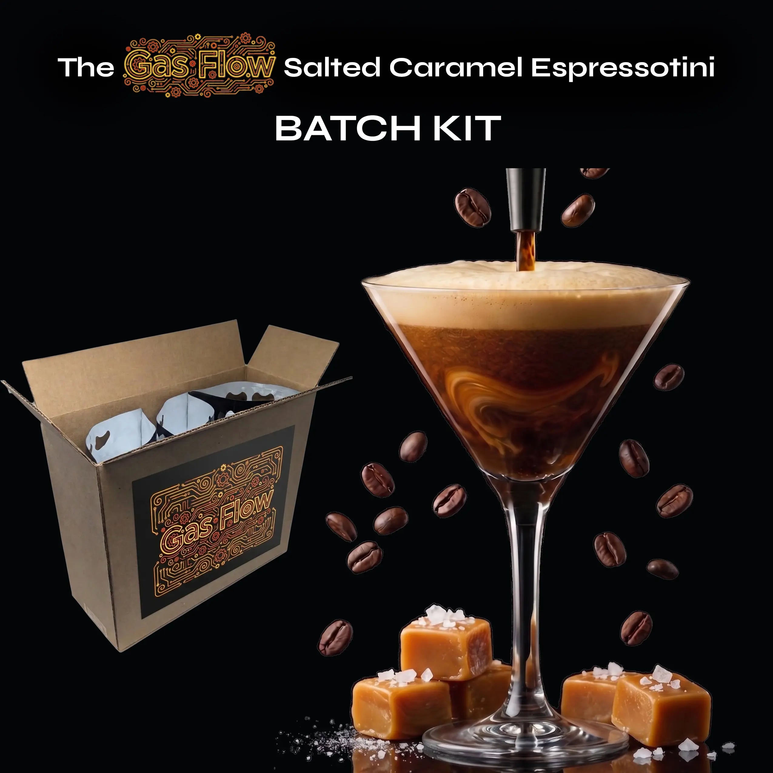 Gas Flow Salted Caramel Espressotini Batch Kit with cocktail and ingredients on a black background