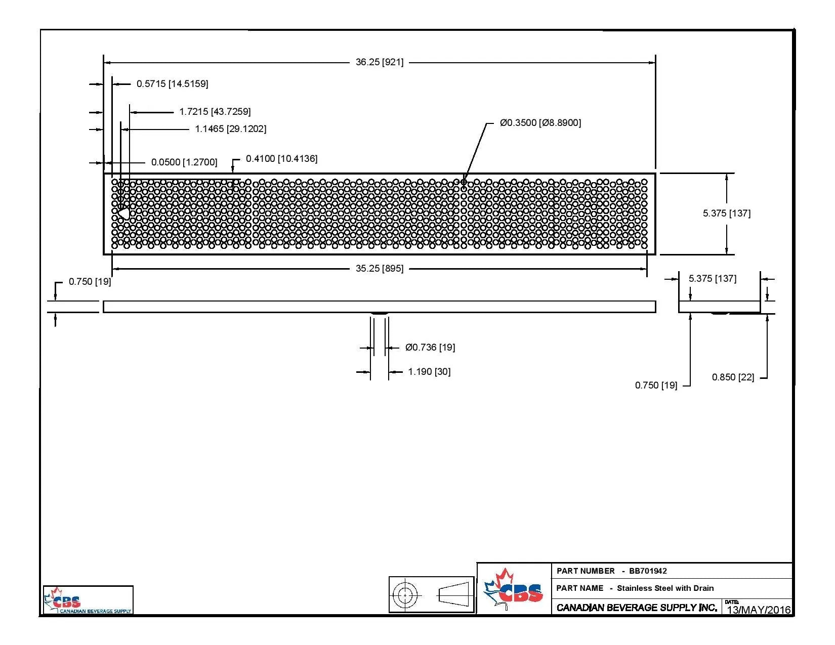 36-1/4" L x 5-3/8" D x 3/4" H, S/S Drip Tray
