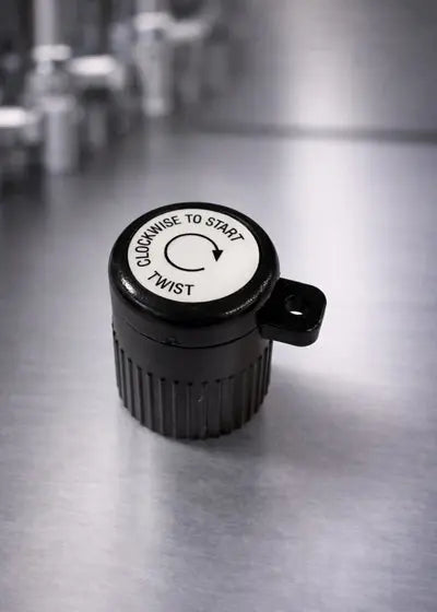 Black and white control knob on a metallic surface