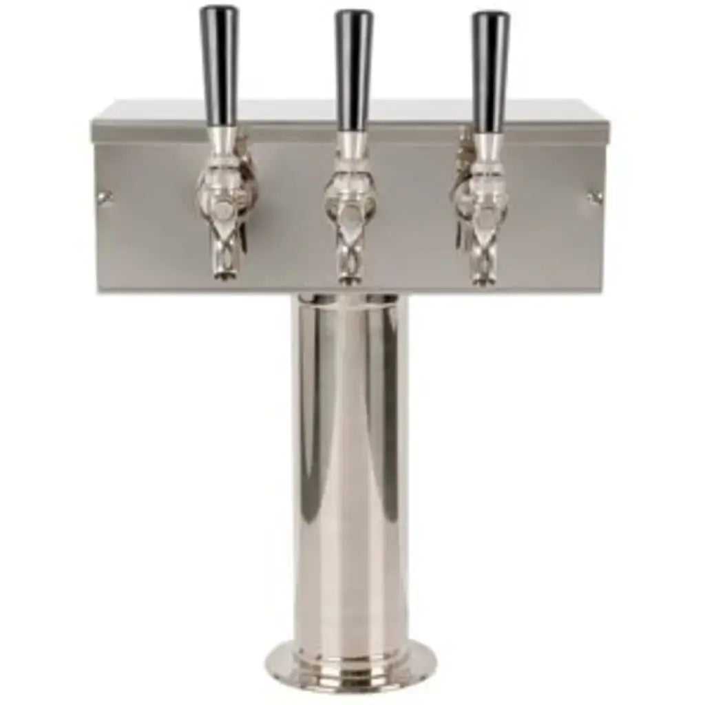 Polished stainless steel three-tap air-cooled beer tower for a direct-draw draft system