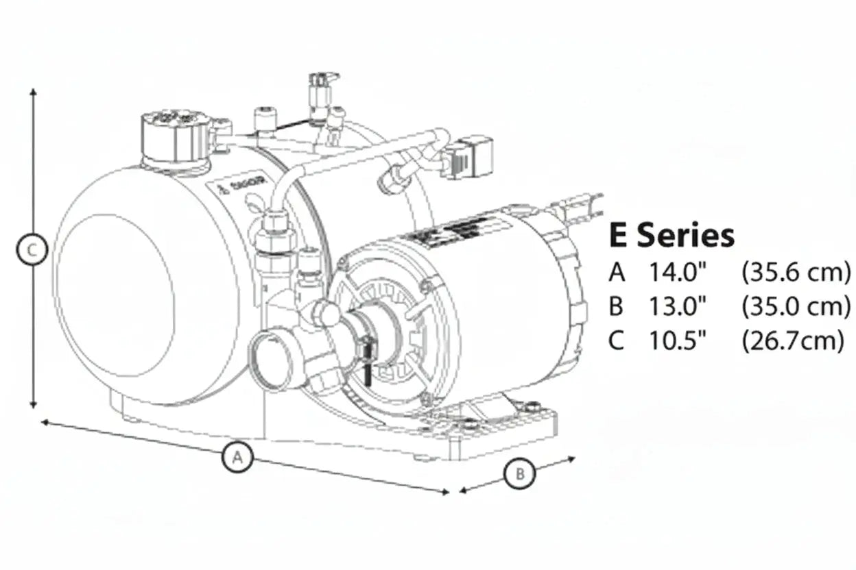 Technical drawing of a pump with dimensions labeled