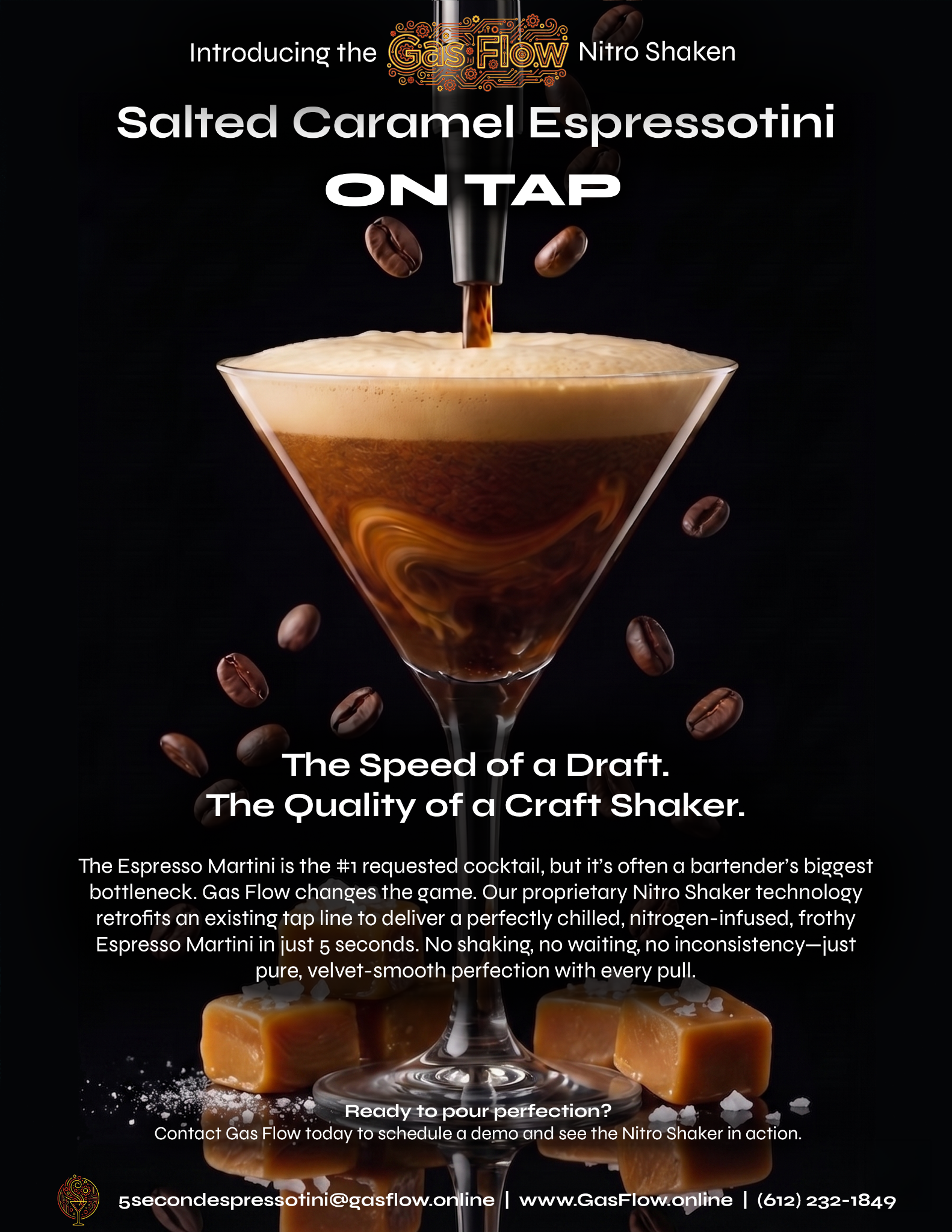 Advertisement for Salted Caramel Espressotini on Tap with a glass of coffee and espresso, coffee beans, and text about the product.