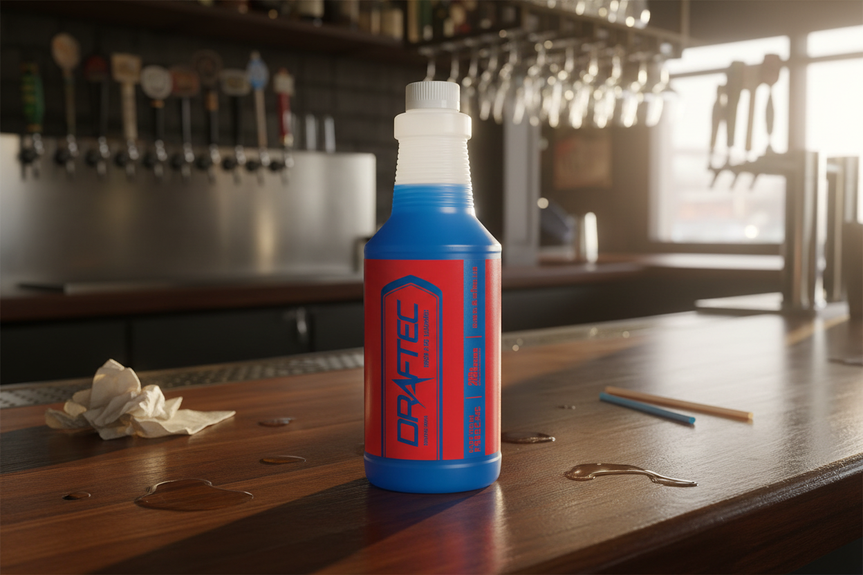 Bottle of Draftec on a bar counter with a bar setting in the background